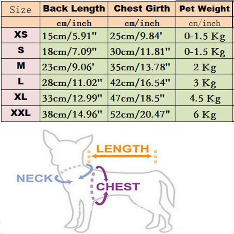 Winter pet sweater size chart with back length, chest girth, and weight ranges