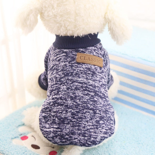 Navy heather winter pet sweater with ribbed turtleneck and back patch