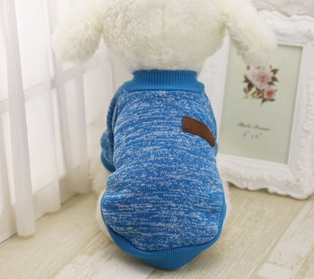 Blue heather winter pet sweater with ribbed turtleneck and side leather patch