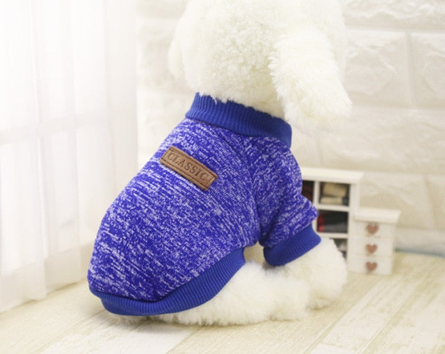 Blue winter pet sweater with ribbed collar and Classic logo patch.