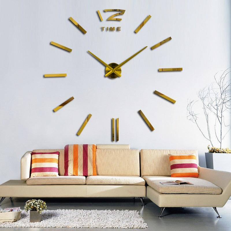 Gold-tone 3D wall clock sticker with stick markers and gold hands