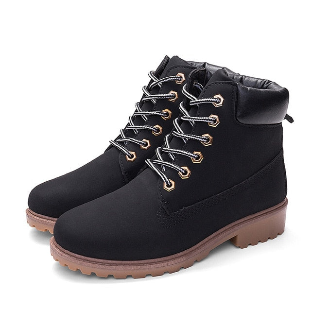 Black women’s plush ankle boots, lace-up front with chunky tread sole.