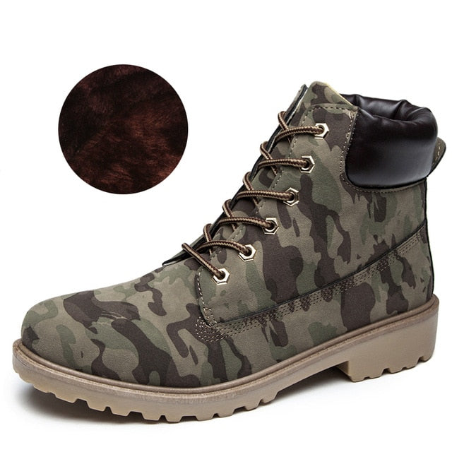 Green camo women’s plush ankle boots, lace-up front and rugged tread sole.