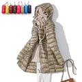 Champagne long down jacket with hood, front zipper, quilted puffer design