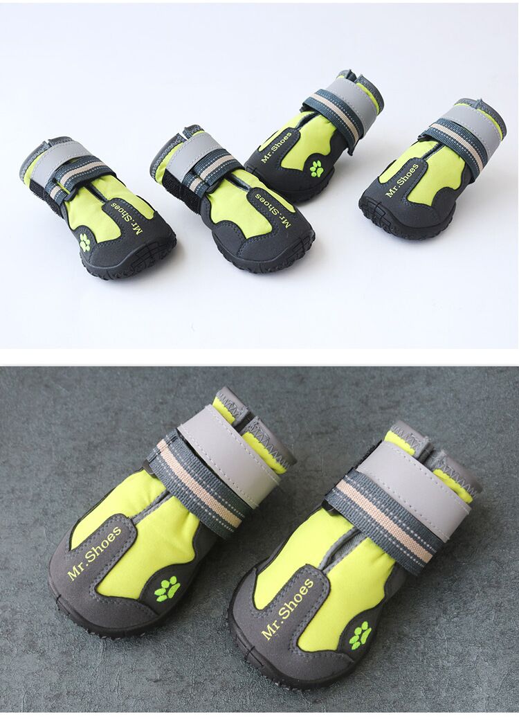 Neon green waterproof dog boots with white cuff bands and paw-print accents