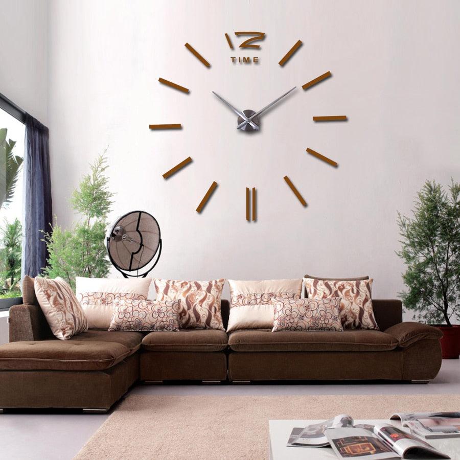Gold-tone 3D frameless wall clock sticker with stick markers and silver hands
