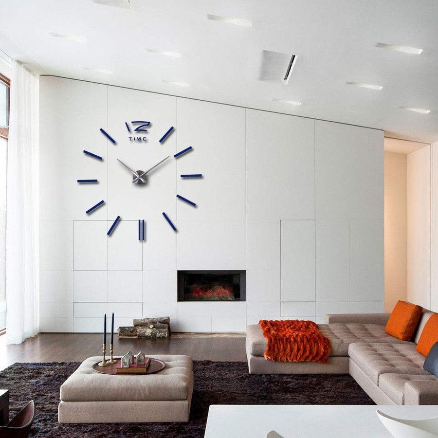 Blue 3D frameless wall clock sticker with large numerals and metal hands