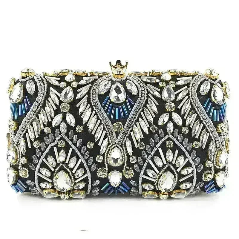 Ornate black rhinestone clutch with teardrop gems and blue fan-shaped accents