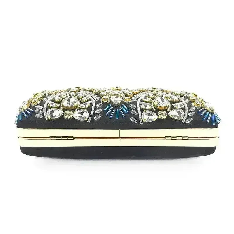 Black satin box clutch with gold frame and rhinestone top border detail