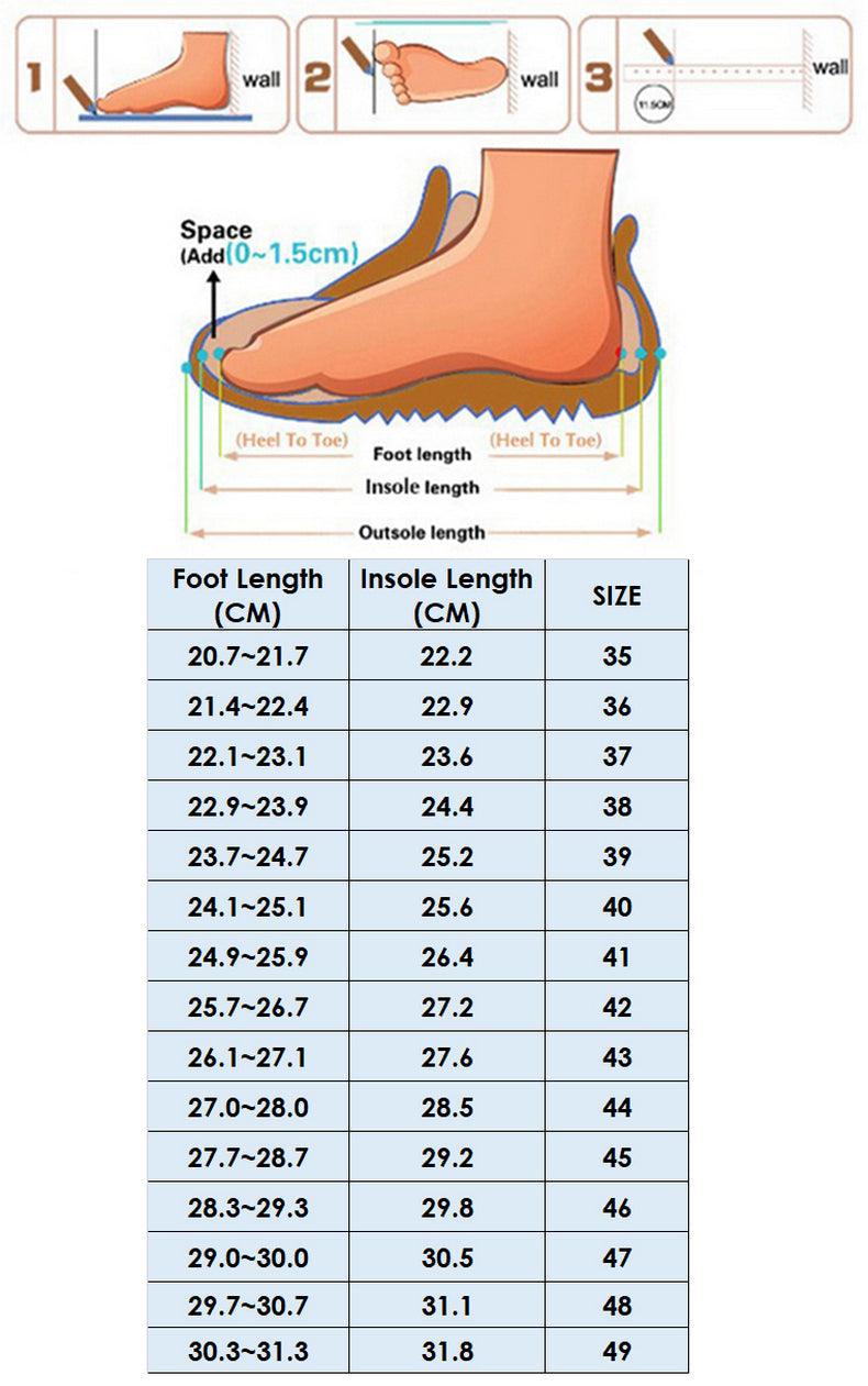 Shoe size chart with foot length measurements and size table