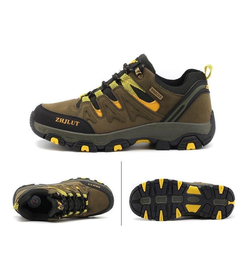 Brown low-top hiking shoes with neon yellow accents, shown with side and outsole views