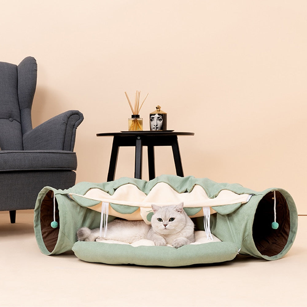 Collapsible cat tunnel tube with removable cat bed, mint green and cream, cat resting inside