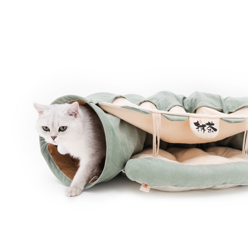 Collapsible cat tunnel tube with removable cat bed, mint green with cream interior