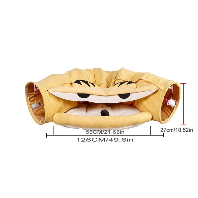 Collapsible cat tunnel tube with removable cushion, yellow fabric, cat inside with paws visible