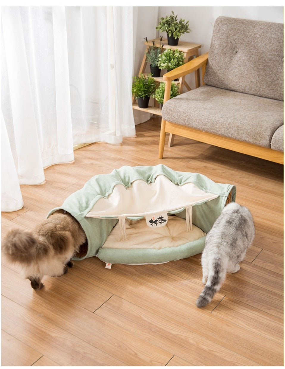Collapsible cat tunnel tube with removable cat bed, mint green fabric and beige cushion
