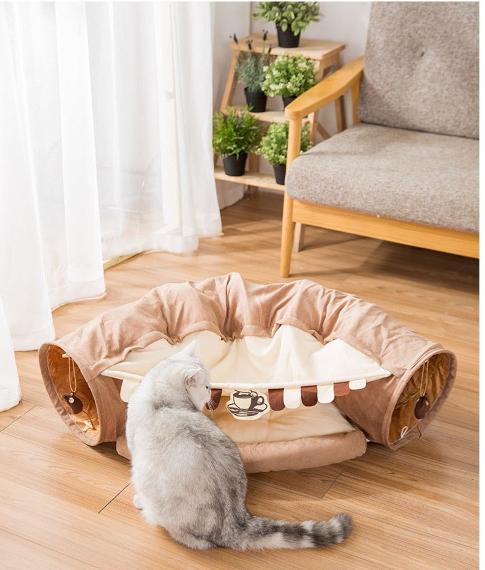 Collapsible cat tunnel tube with removable cat bed, tan and light brown, arched front opening
