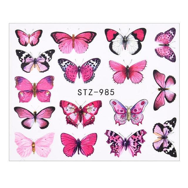 Pink and purple butterfly nail art transfer decals sheet with varied styles