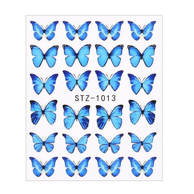 Blue butterfly nail art transfer decals sheet with multiple wing designs
