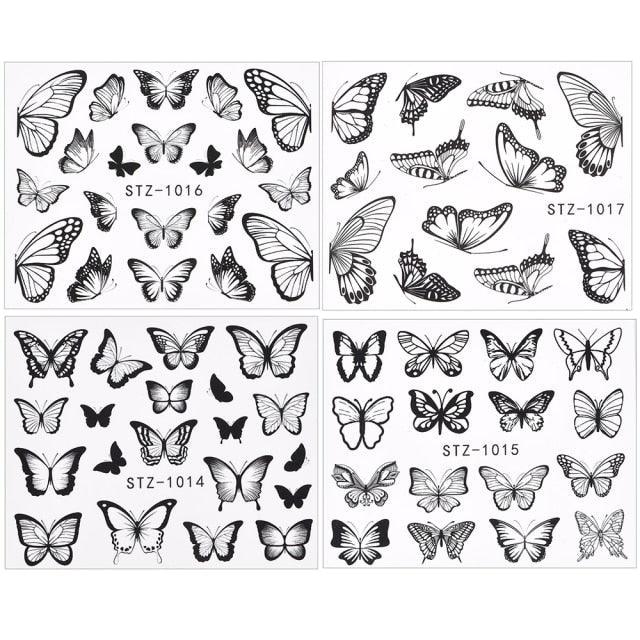 Butterfly nail transfer decal stickers, black line art set, STZ-1014 to STZ-1017