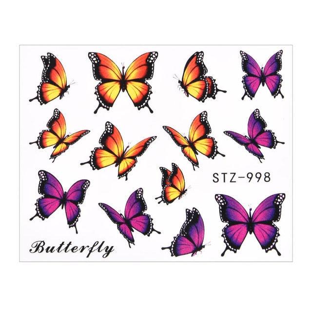 Butterfly nail transfer decals, orange and purple 3D watercolor style, STZ-998