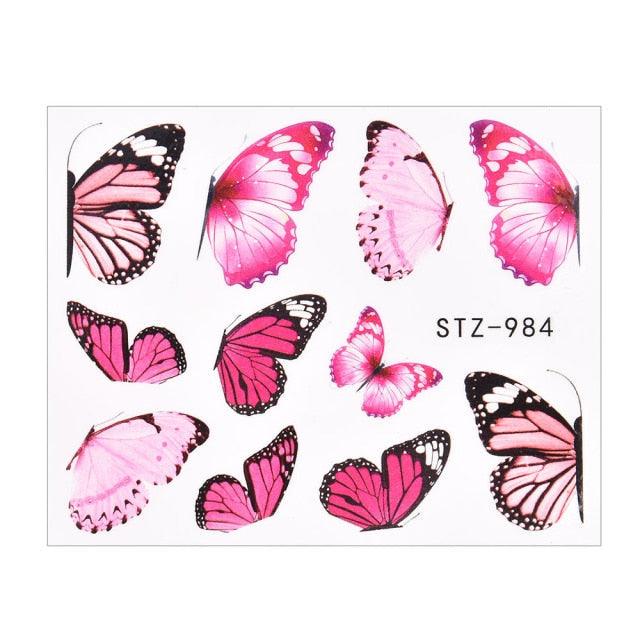 Butterfly nail transfer decal set, pink and black watercolor butterflies, STZ-984