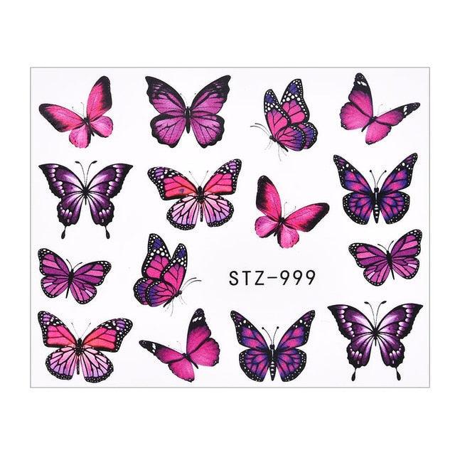 Butterfly nail water-transfer decal sheet with dark purple and pink butterflies with spots