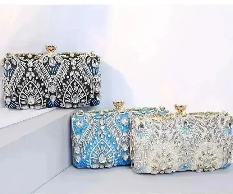 Embellished rhinestone box clutches set: blue and silver tones with gold-tone clasps