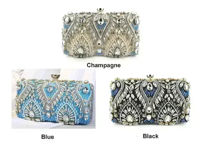 Embellished rhinestone clutch shown in champagne, blue, and black color options