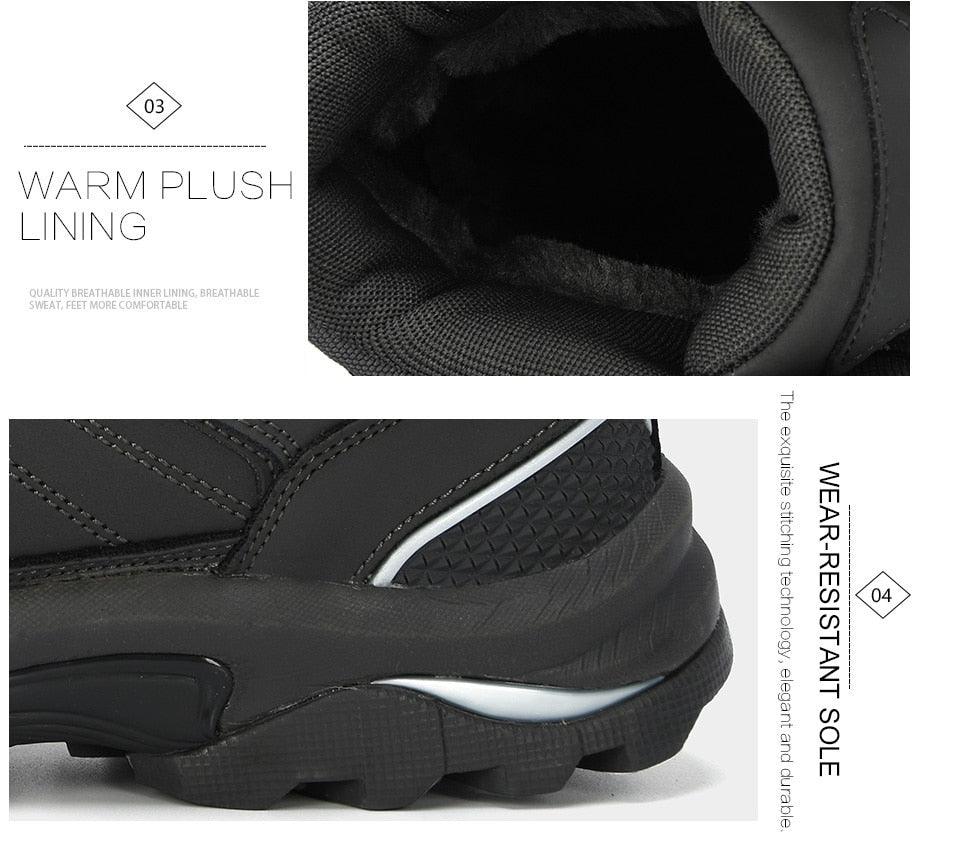 Men's black boots detail view: plush lining and treaded rubber sole