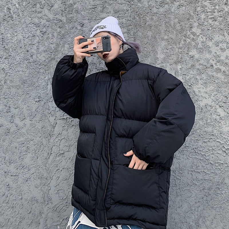 Black padded winter jacket with full-zip front and stand collar