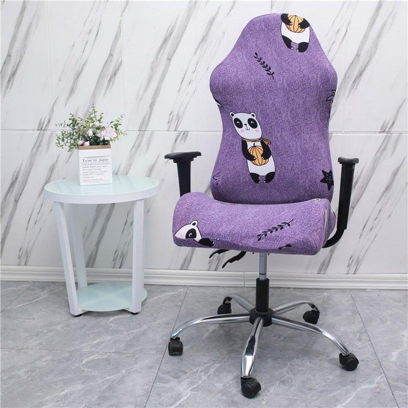 Gaming chair cover in purple with cute panda and bee character print