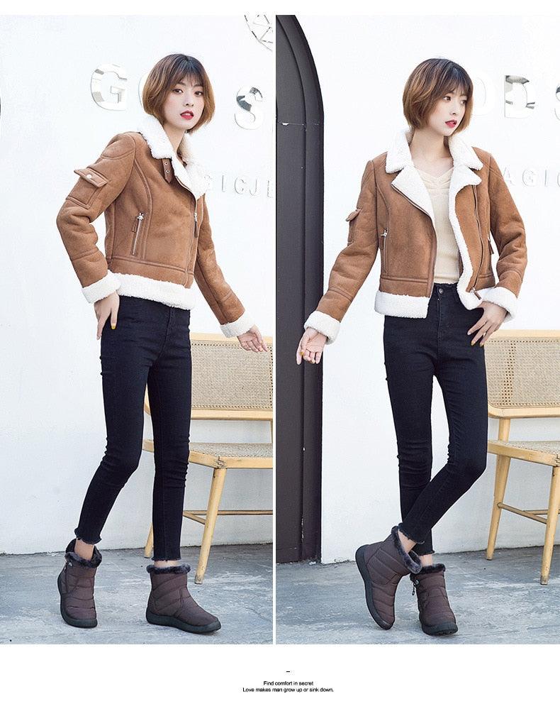 Women’s winter boots, brown ankle boots with faux-fur lining and zipper detail