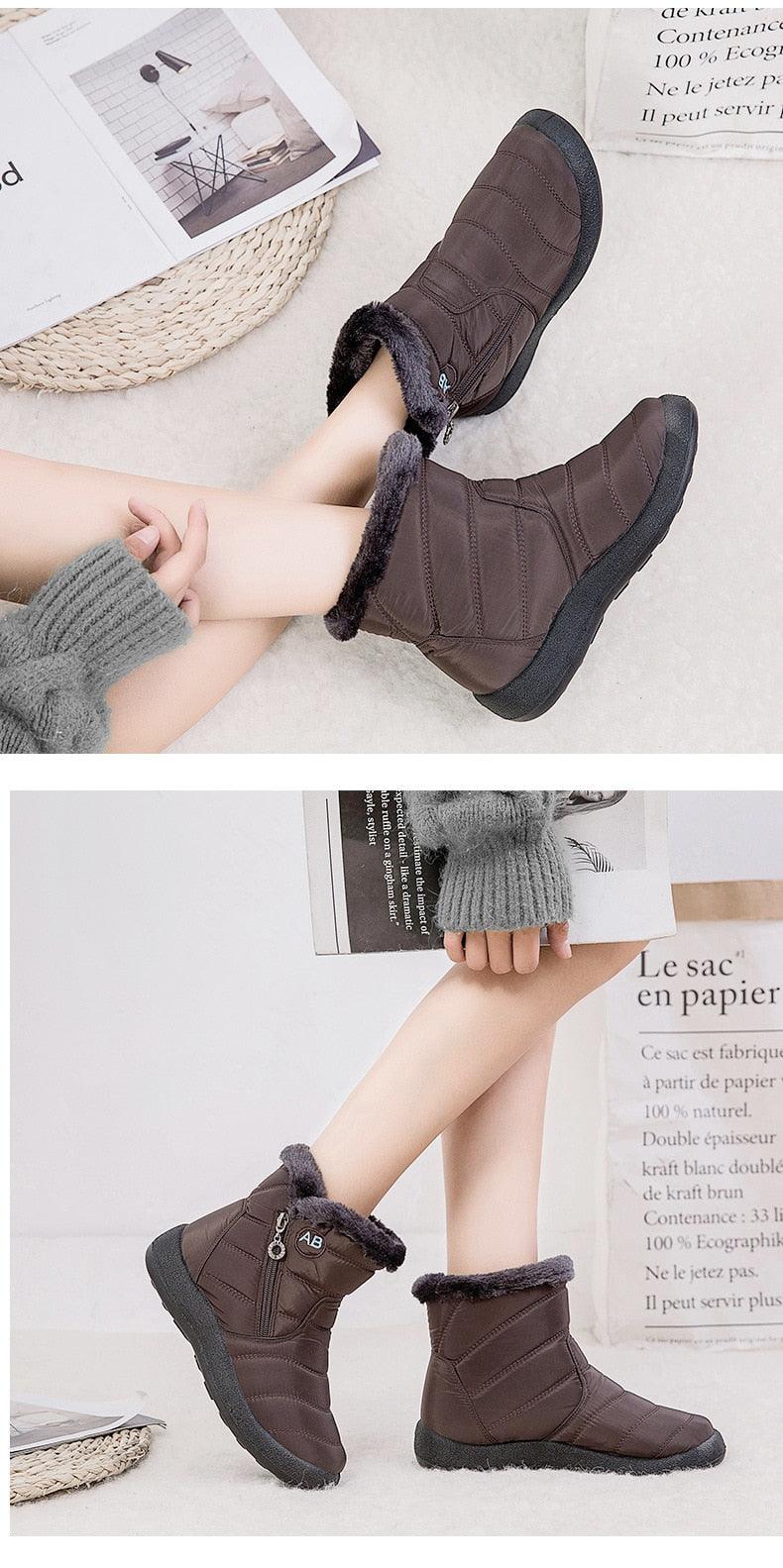 Women’s dark brown winter ankle boots with faux fur collar and side zipper