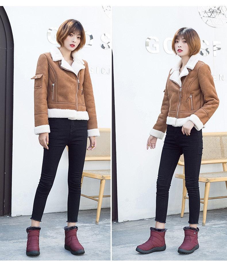 Women’s burgundy winter ankle boots with faux fur lining and side zipper