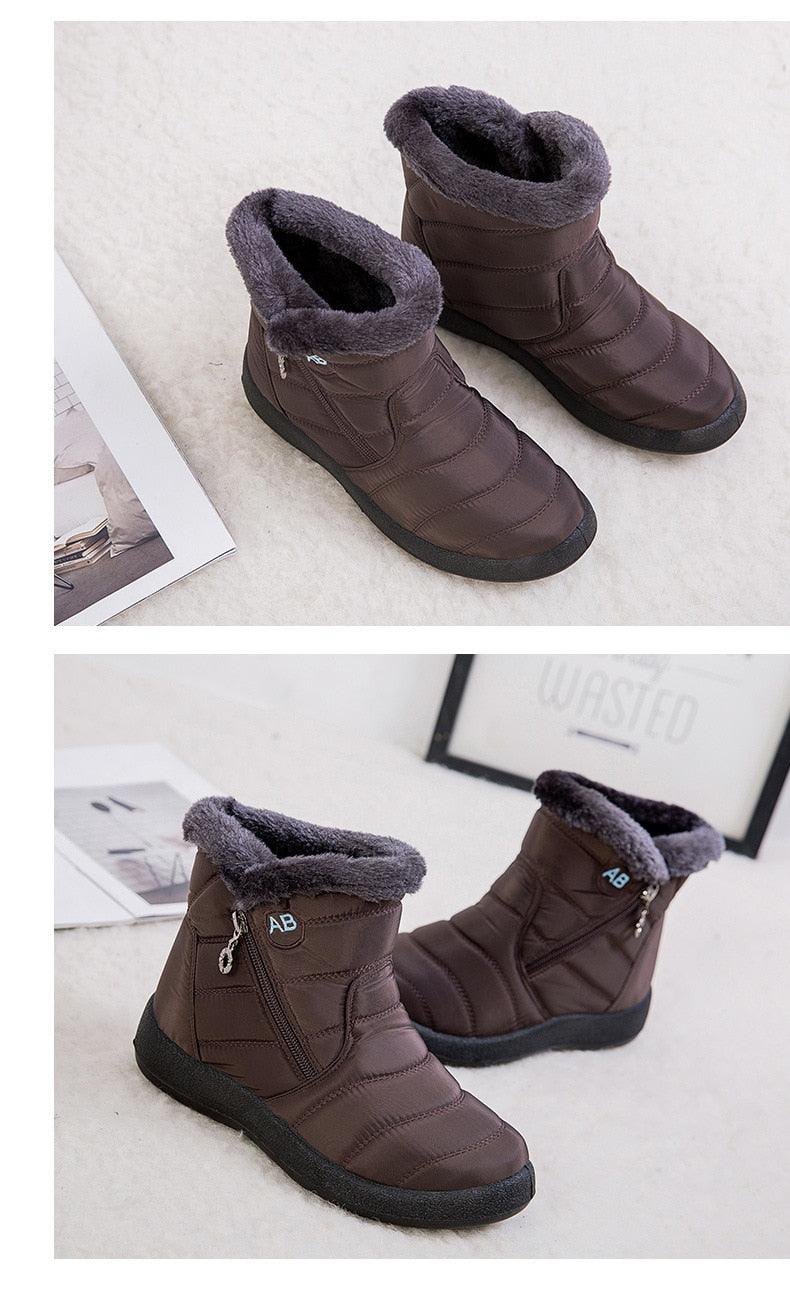 Brown ankle snow boots with plush fur collar, side zipper, thick winter outsole