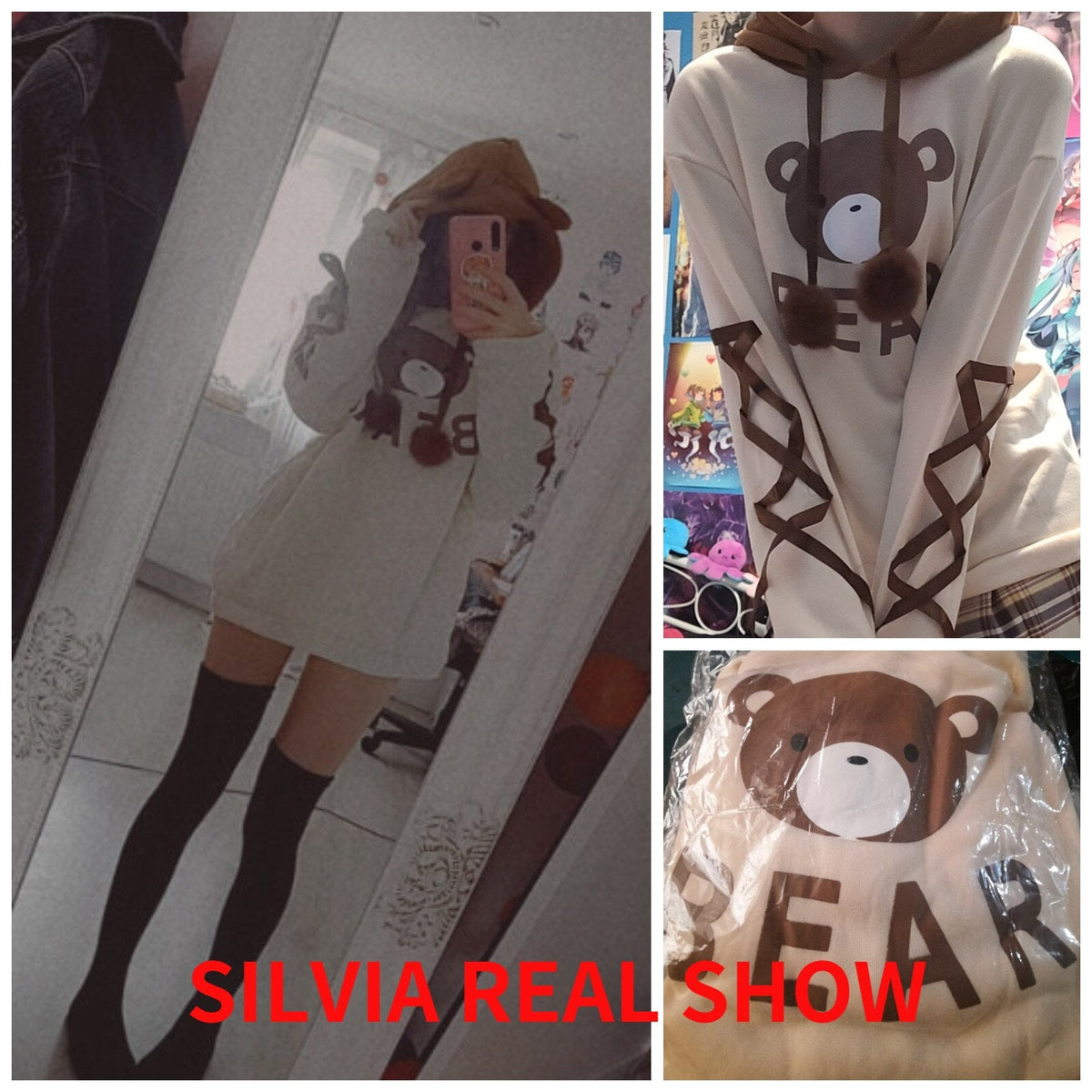 Light yellow bear graphic hoodie with brown hood and ribbon-tie sleeves, worn