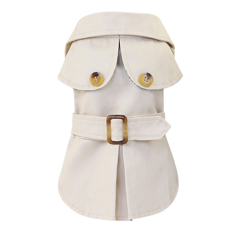 Beige pet jacket coat with rounded hood, button tabs, and front buckle belt
