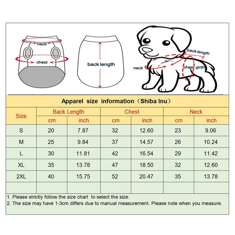 Pet apparel size chart for Shiba Inu, showing back length, chest, and neck measurements