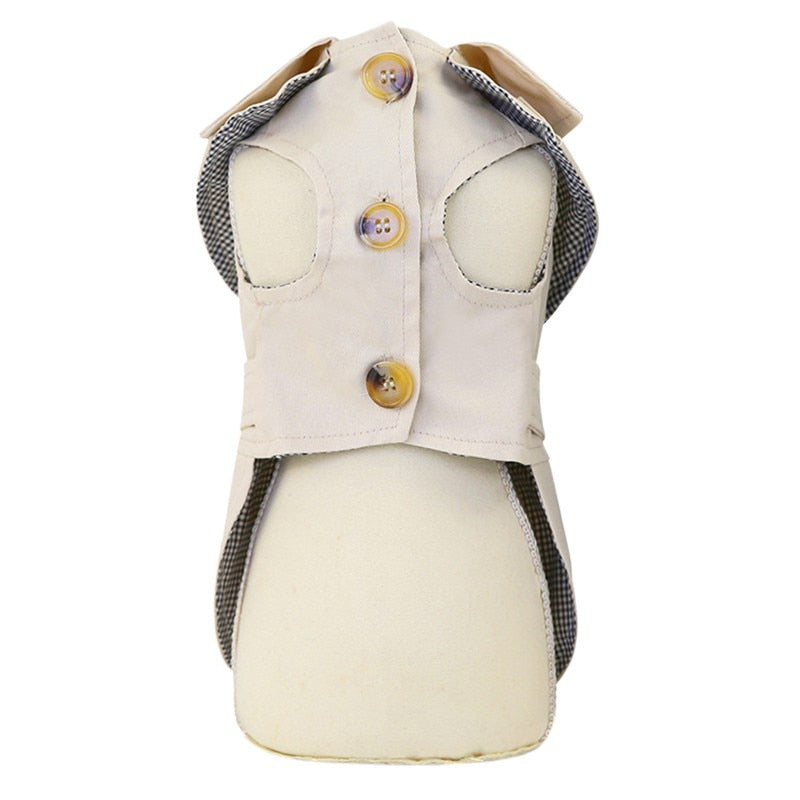 Beige pet jacket coat with front button closures and padded side openings