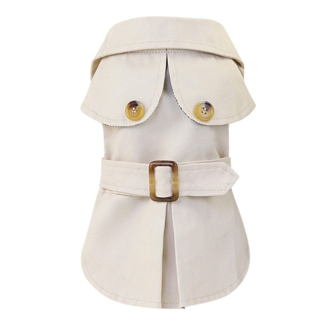Beige pet jacket coat with rounded hood, button details, and front buckle belt