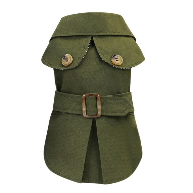 Pet jacket coat in olive green with buckled waist belt and snap button tabs