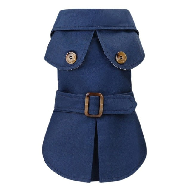 Pet jacket coat in navy blue with buckled waist belt and snap button shoulder tabs