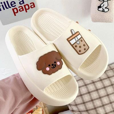 Women’s white open-toe slide slippers with soft footbed and cute bear patch