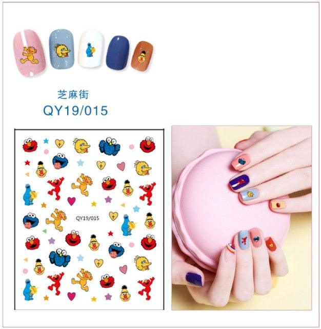 Cartoon animal nail stickers set with cute character icons and blue accents