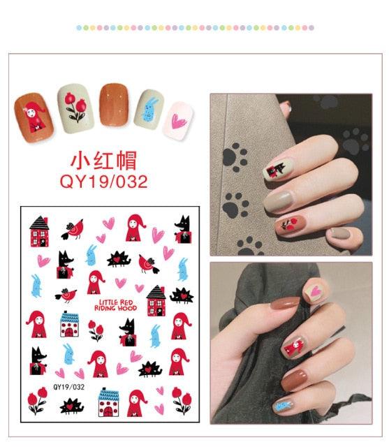 Cute cat and birds nail sticker set with hearts and character silhouettes