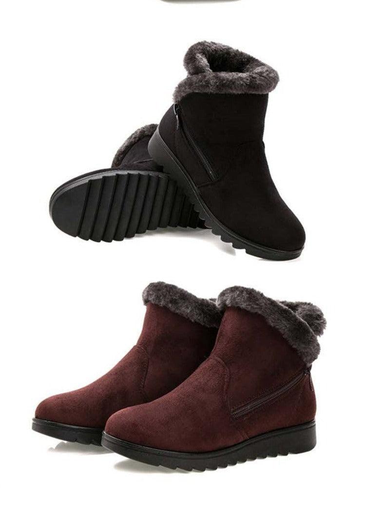 Women’s winter ankle boots, black and red, with faux fur cuffs and platform soles