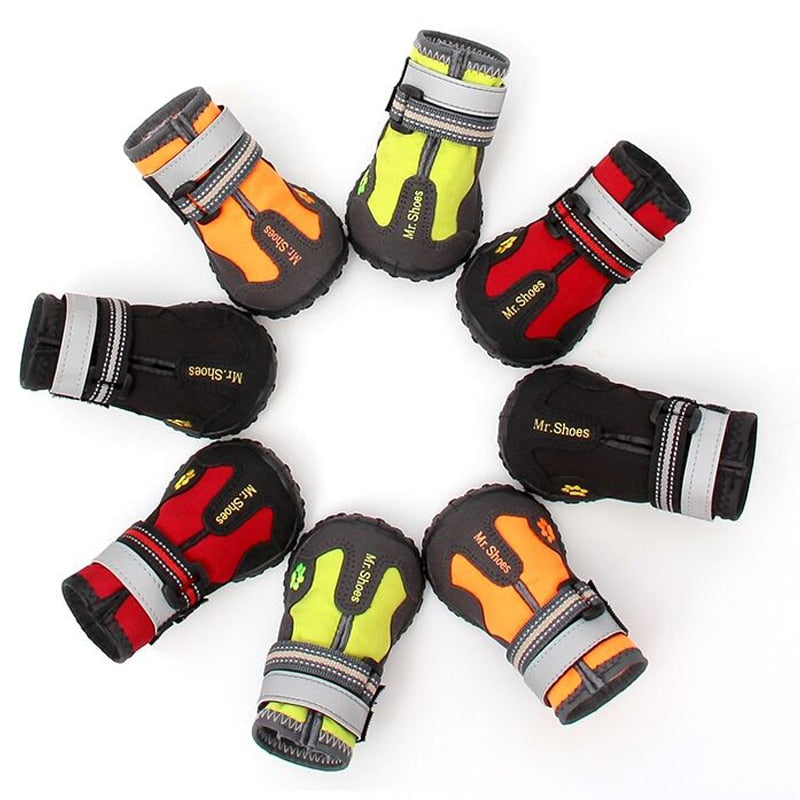 Set of waterproof dog boots in multiple colors with gray, red, or green straps