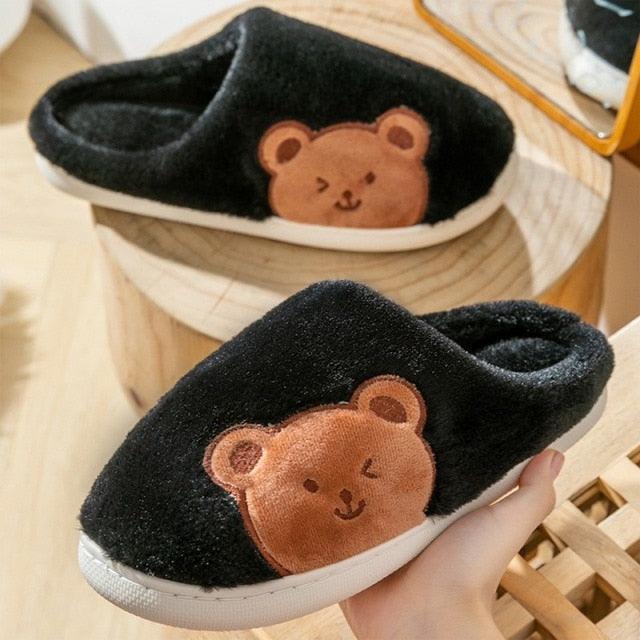 Fur house slippers with bear embroidery, black upper and white sole