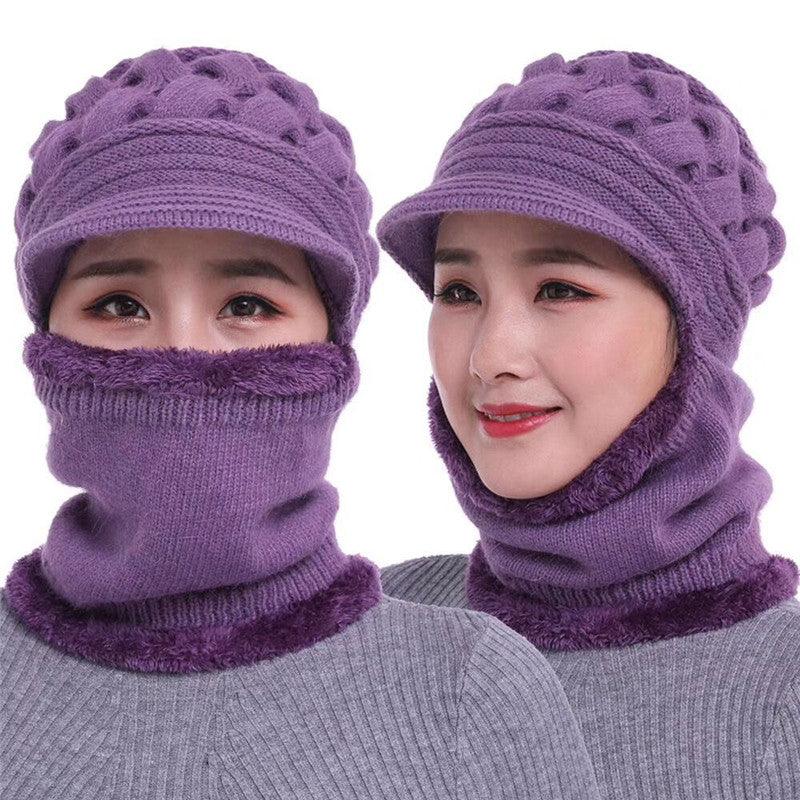 Purple knitted balaclava beanie set with face mask and neck warmer