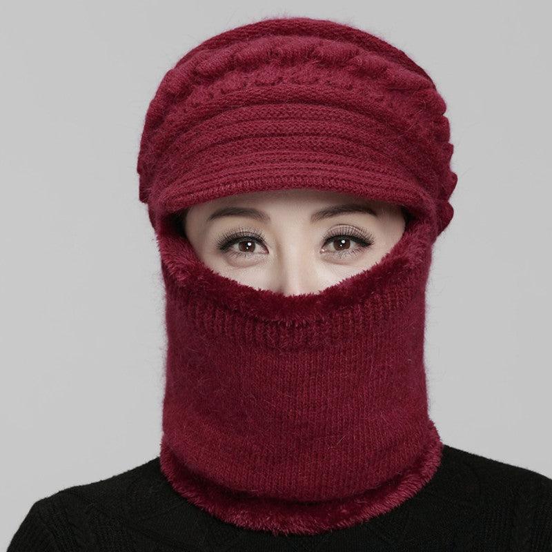 Burgundy knitted winter balaclava beanie with face and neck covering